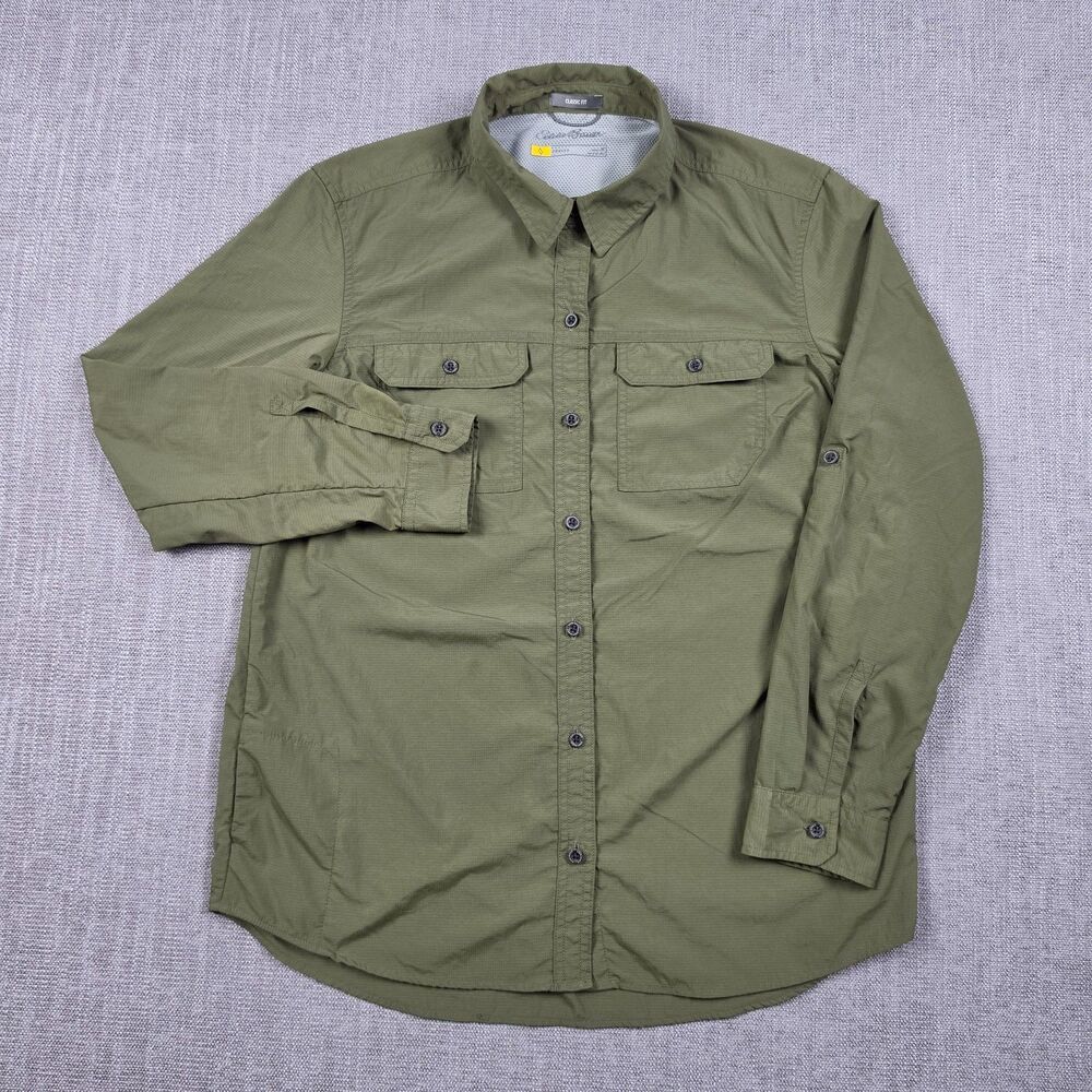 Eddie Bauer Travex Shirt Womens Medium M Green Nylon Long Sleeve Roll Tab Hiking